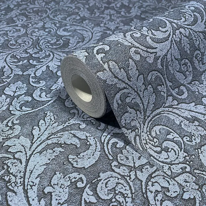 Glööckler Pompöös Provence Vliestapete - Blau/Schwarz, Ornament, 10,05 x 0,53 m - Rolle gemusterter Tapete in Grau- und Blautönen mit einem eleganten, floralen Design. Ideal für die stilvolle Wandgestaltung im Innenbereich.