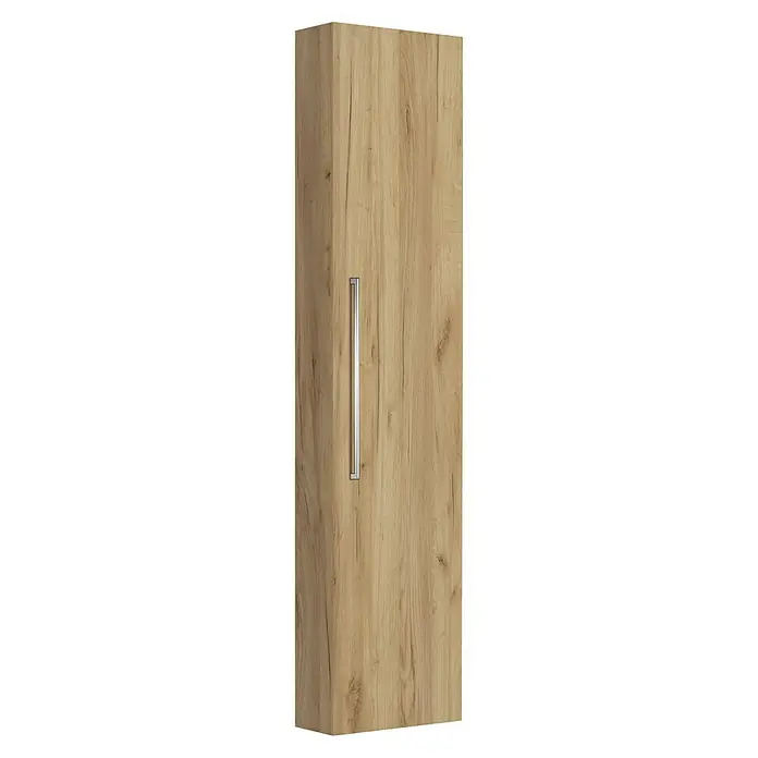 Camargue Espacio Hochschrank - 40 x 17 x 170 cm, Farbe Griff: Chrom, Doce - Ein hochformatiger, heller Holzschrank mit einem langen, schlanken, silberfarbenen Griff. Schlichtes, modernes Möbelstück für jeden Raum.