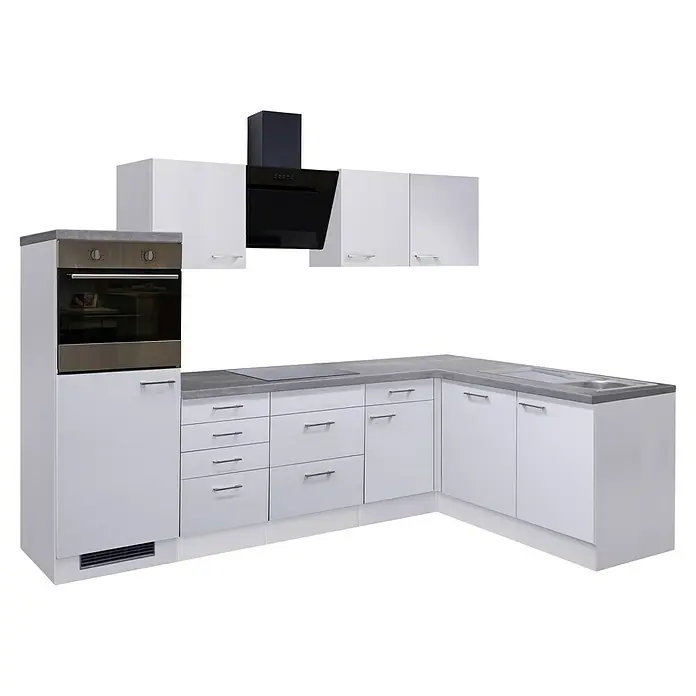 Flex-Well Rom  Winkelküche - 170 x 280 cm, Weiß, Mit Elektrogeräten - Helle Küche mit weißen Schränken und grauen Arbeitsplatten, inklusive Ofen und Dunstabzugshaube, für ein modernes Küchendesign.