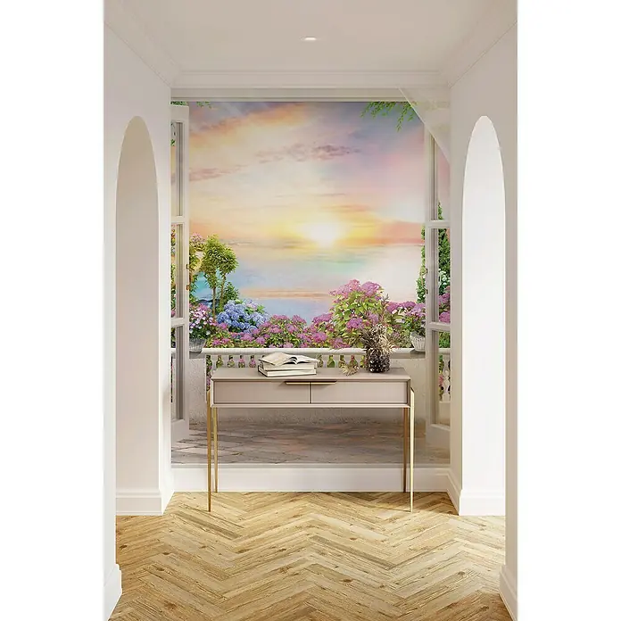Glööckler Pompöös Provence Fototapete Blumiger Ausblick - B x L: 212 x 270 cm, Vlies - Elegante Konsole mit goldenen Beinen, ideal für Flur oder Wohnzimmer. Dekorative Elemente wie Bücher und Blumen verleihen Charme.
