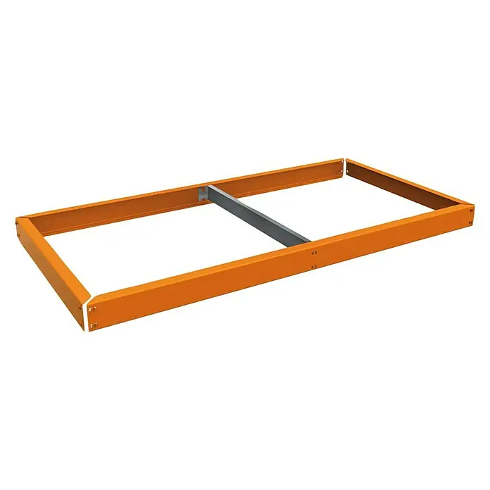 Simonrack Ecoforte Estante adicional sin bandejas - Al x An x Pr: 6,5 x 180 x 60 cm, Naranja - Representación de un marco de cama de metal naranja con un soporte gris en el centro, aislado sobre un fondo blanco.