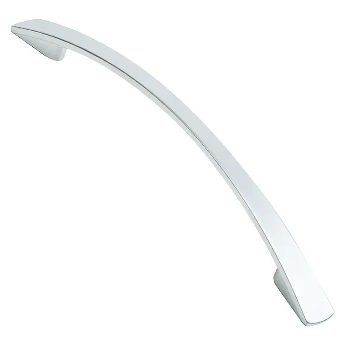 Nesu Tirador para muebles 872817 - L x An x Al: 16,3 x 1,2 x 2,8 cm, Acero, Cromado, Distancia entre orificios: 128 mm - En la imagen se muestra un elegante tirador de metal curvado para armarios modernos y cajones.