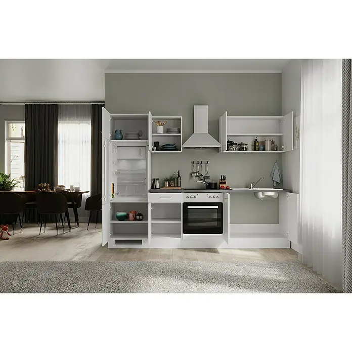 Flex-Well Rom  Küchenzeile Typ 2 - Breite: 270 cm, Weiß, Mit Elektrogeräten - Moderne weiße Küchenzeile mit offenem Kühlschrank und Regalen, Dunstabzugshaube und Spüle. Die Küche wirkt hell und einladend.