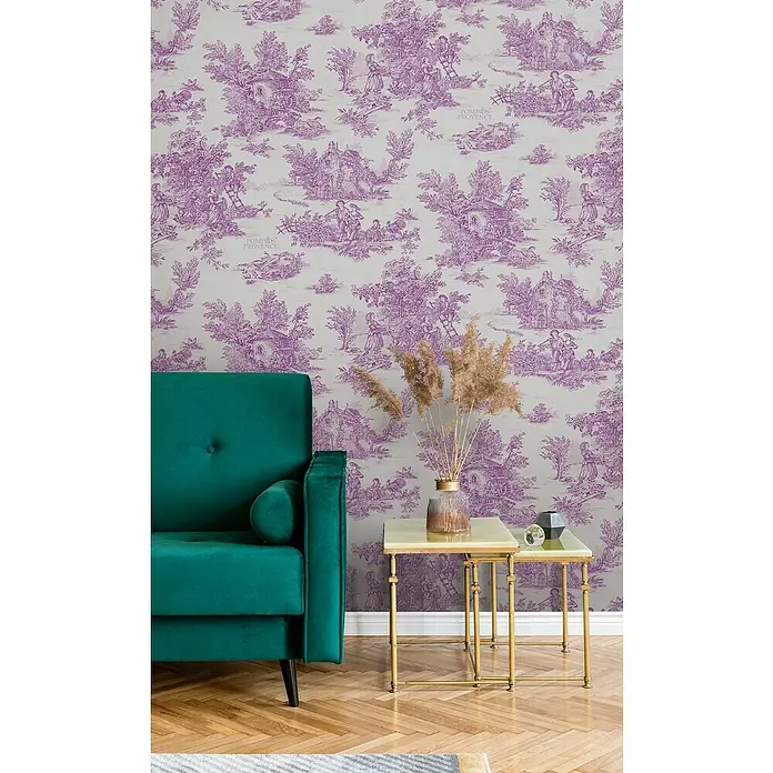 Glööckler Pompöös Provence Vliestapete - Grau/Lila, Grafisch, 10,05 x 0,53 m - Das detailreiche Wandbild mit dem lila Toile-de-Jouy-Muster bietet einen Hauch von französischer Eleganz für Ihr Zuhause.