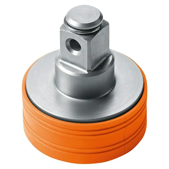 Fein Stecknuss-Adapter-Set - Passend für: Schlagnüsse mit 1/2 in Vierkantaufnahme - Das Bild zeigt einen robusten Schraubstockaufsatz mit orangefarbenem Sockel, ideal für präzise und kraftvolle Anwendungen.