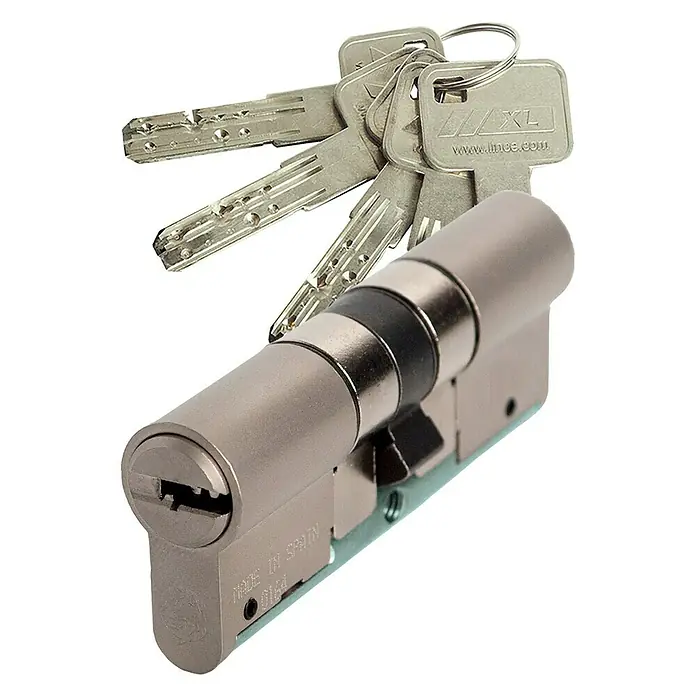 Lince C6 Cilindro de perfil de alta seguridad - Longitud total interior: 40 mm, Longitud total exterior: 40 mm, Número de llaves: 5 ud. - Primer plano de un cilindro de perfil con sus llaves correspondientes, ideal para ferretería de seguridad y accesorios de puertas.