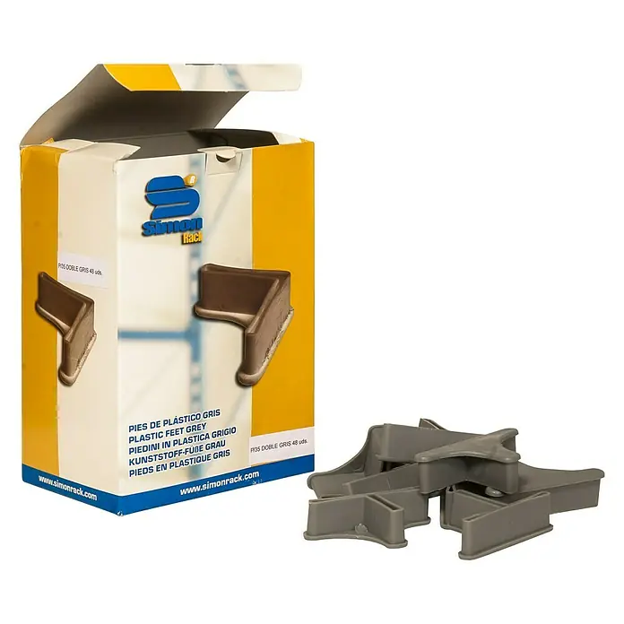 Simonrack Pie de estantería doble - Específico para: Estanterías, bancos de trabajo, Gris, 48 ud. - Foto de un paquete de pies de plástico grises etiquetado como "Simon Rack", con algunos pies grises al lado.