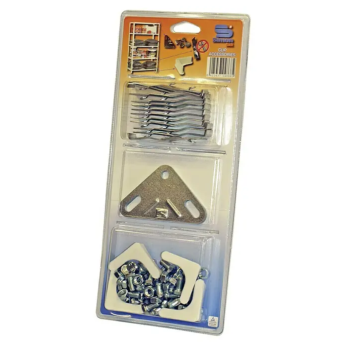 Simonrack Kit de accesorios - 36 pzs. - Un conjunto empaquetado de accesorios de clip Simon con clips metálicos, un elemento triangular y pernos con tuercas, ideal para construcciones de estanterías.