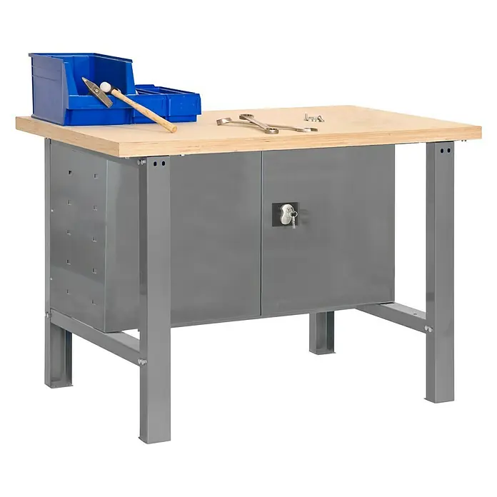 Simonrack Simonwork Banco de trabajo BT6 Cabinet - L x An: 76 x 120 cm, Altura de trabajo: 86,5 cm, Carga soportada: 600 kg, Gris - Banco de trabajo con armarios metálicos grises y una encimera de madera, ideal para talleres y salas de ocio.