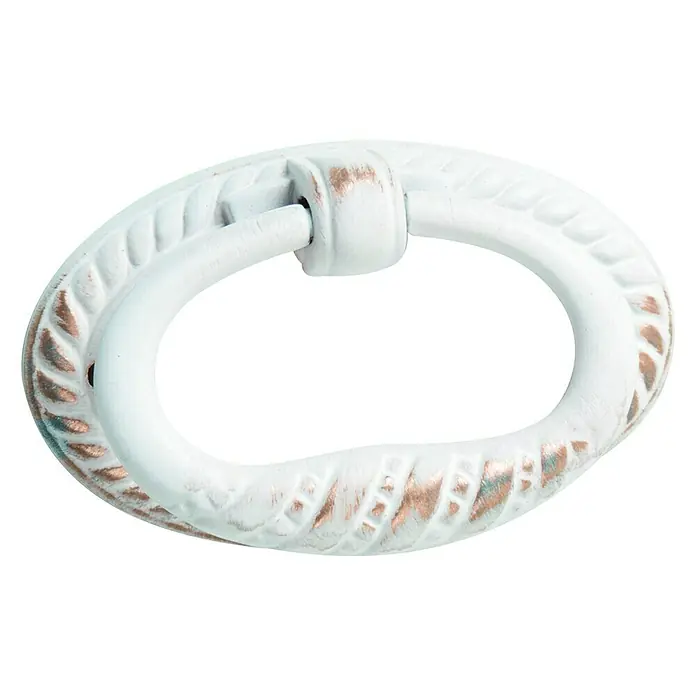 Nesu Tirador para muebles 299BB1 - L x An x Al: 5 x 3 x 1,8 cm, Acero - Un tirador de armario ovalado blanco con detalles decorativos y un acabado ligeramente desgastado, ideal para muebles de estilo vintage o rústico.