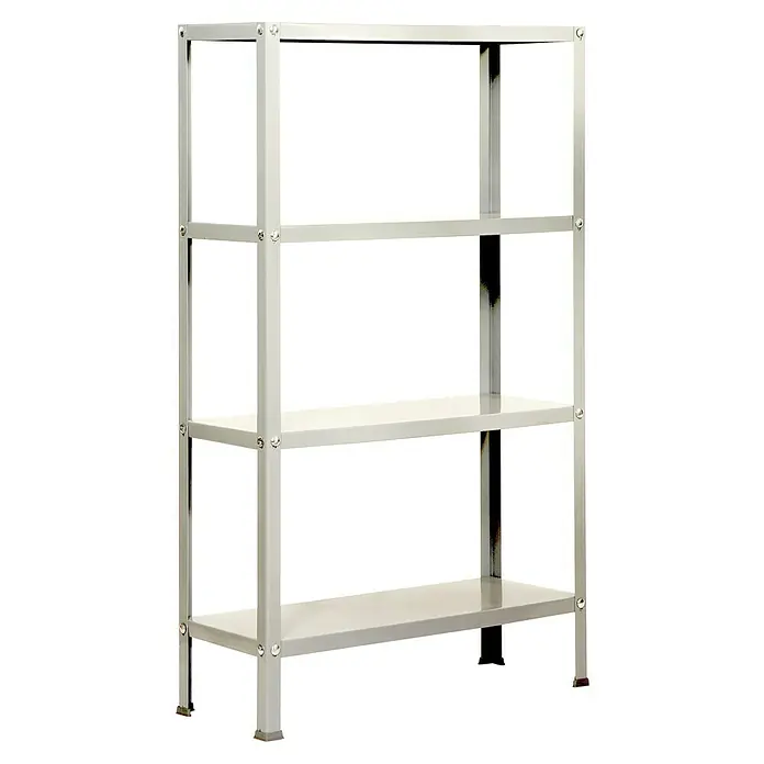 Simonrack Simonhome Estantería metálica Homeclassic Plus - Al x An x Pr: 160 x 100 x 30 cm, Capacidad de carga por balda: 100 kg, Número de baldas: 4 ud., Atornillado, Blanco - Una estantería metálica gris con cuatro niveles y un diseño robusto, perfecta para almacenamiento y organización.
