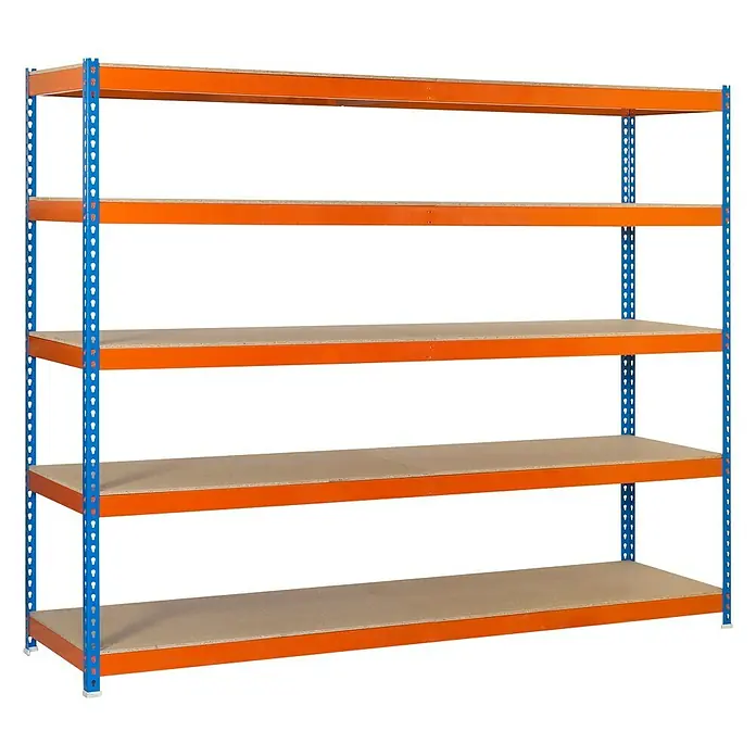 Simonrack Ecoforte Schwerlastregal Chipboard - H x B x T: 200 x 120 x 45 cm, Traglast pro Boden: 400 kg, Anzahl Böden: 5 Stk., Stecken, Blau/Orange - Ein Regal mit fünf Regalböden, ideal für Lagerung und Organisation in Werkstatt, Garage oder Lagerraum.