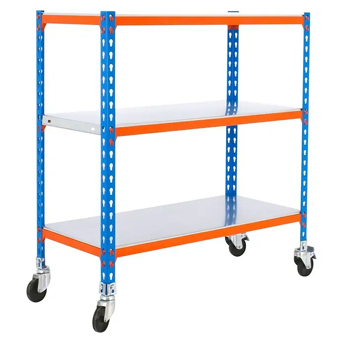 Simonrack Simonclick Estantería metálica Mobile Plus - Al x An x Pr: 90 x 100 x 30 cm, Número de baldas: 3 ud., Inserción, Azul/Naranja - Carro con tres estantes, ideal para talleres y almacenes, con estructura azul y detalles naranjas para visibilidad.