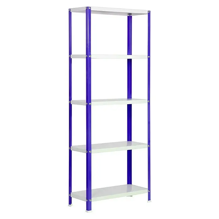 Simonrack Simonhome Estantería metálica Homeclassic Color Plus - Al x An x Pr: 180 x 100 x 30 cm, Capacidad de carga por balda: 100 kg, Número de baldas: 5 ud., Atornillado, Azul - Primer plano de una estantería blanca de almacenamiento con cinco niveles y marco azul. Solución práctica para diversos artículos.