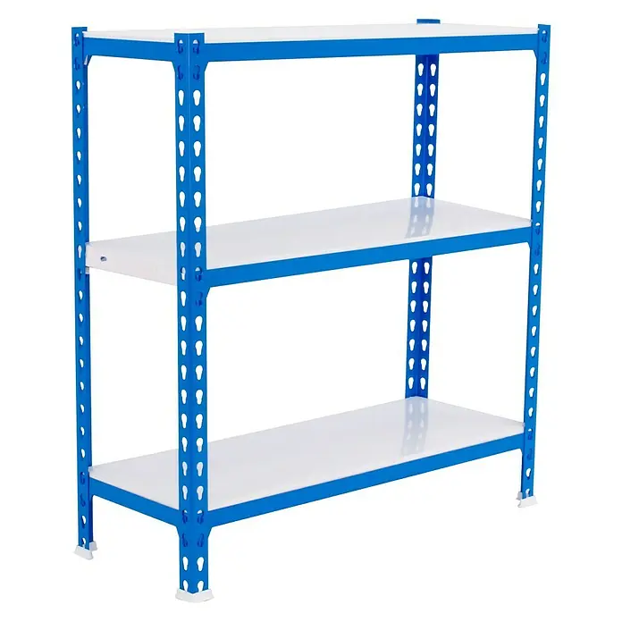 Simonrack Simonclick Estantería metálica Superplus - Al x An x Pr: 90 x 110 x 40 cm, Capacidad de carga por balda: 200 kg, Número de baldas: 3 ud., Inserción, Azul - Estantería de tres niveles con estructura azul, ideal para almacenamiento y organización.