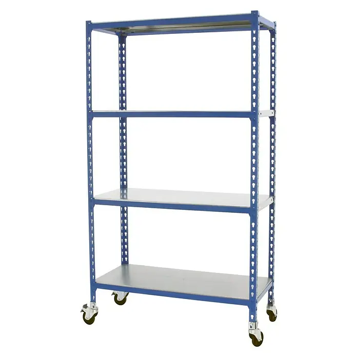 Simonrack Simonclick Metallregal Simonclick Plus - H x B x T: 150 x 100 x 50 cm, Traglast pro Boden: 180 kg, Anzahl Böden: 4 Stk., Stecken, Blau/Silber - Abbildung eines blauen Metallregals mit vier Ablagen und Rollen für Lagerung und Organisation.