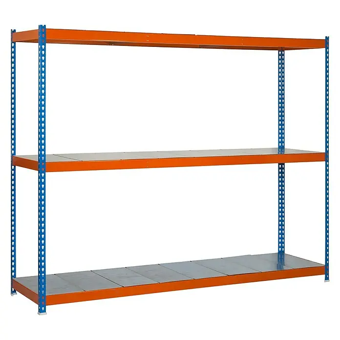 Simonrack Simonforte Schwerlastregal Simonforte Metall - H x B x T: 200 x 150 x 90 cm, Traglast pro Boden: 600 kg, Anzahl Böden: 3 Stk., Stecken, Blau/Orange/Silber - Abbildung eines blauen und orangefarbenen Schwerlastregals mit drei Ebenen vor schwarzem Hintergrund.