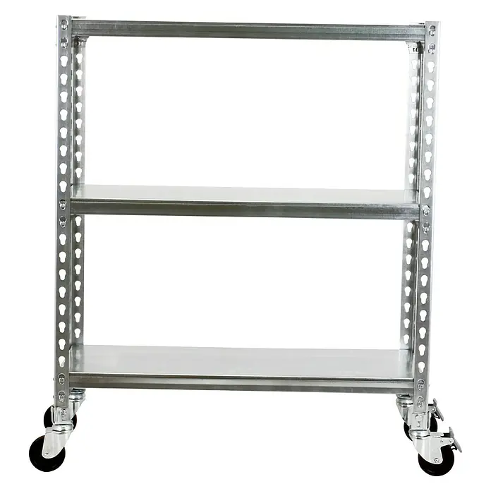 Simonrack Simonclick Estantería metálica Mobile Plus - Al x An x Pr: 90 x 100 x 30 cm, Número de baldas: 3 ud., Inserción, Galvanizado - Un estante metálico plateado de tres niveles con ruedas, ideal para almacenamiento y transporte. El estante es robusto y versátil.