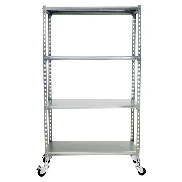 Simonrack Simonclick Estantería metálica Mobile Plus - Al x An x Pr: 150 x 100 x 50 cm, Número de baldas: 4 ud., Inserción, Galvanizado - Estantería metálica plateada con cuatro niveles y ruedas. Ideal para almacenamiento y organización en taller, almacén o garaje.