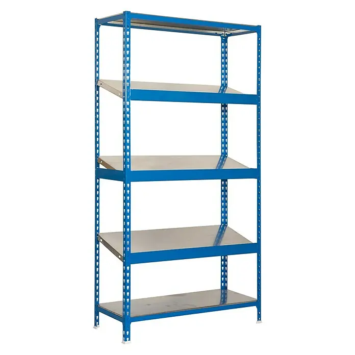 Simonrack Simonclick Estantería metálica Simonexpo Plus - Al x An x Pr: 200 x 100 x 50 cm, Capacidad de carga por balda: 200 kg, Número de baldas: 5 ud., Inserción, Azul - Una estantería metálica azul con cinco estantes, ideal para el almacenamiento y la organización en un taller o almacén.