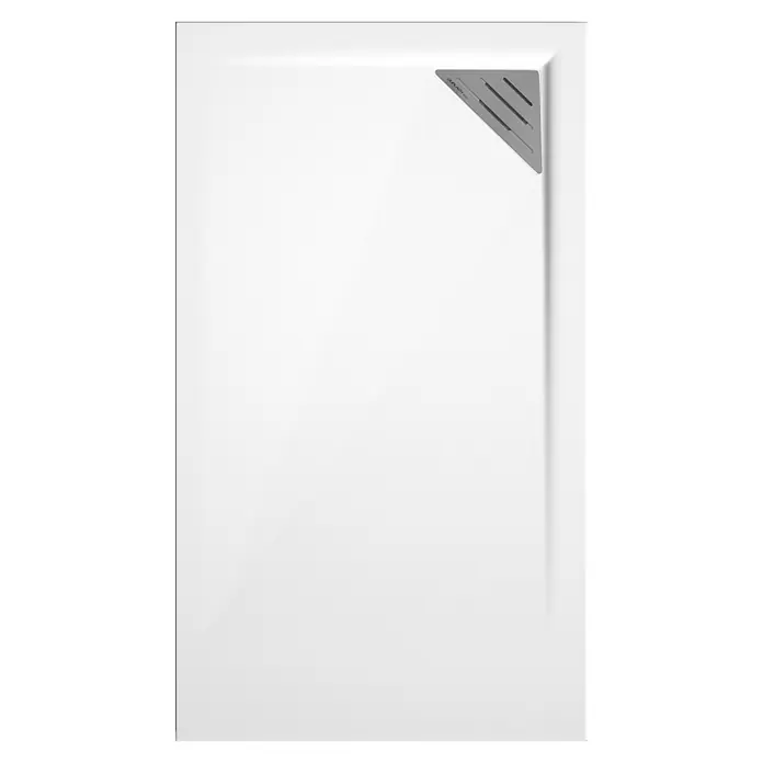 Duplach Plato de ducha Mío - L x An: 80 x 80 cm, Material compuesto, Blanco, Rejilla a la derecha - Imagen de un plato de ducha blanco con forma rectangular y un desagüe triangular en la esquina, destacando un diseño minimalista.