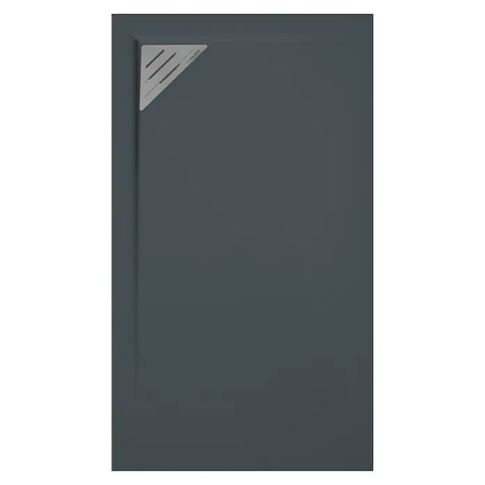Duplach Plato de ducha Mio - L x An: 110 x 90 cm, Material compuesto, Antracita, Rejilla a la izquierda - Plato de ducha gris oscuro con una cubierta de desagüe triangular plateada en la esquina, aportando un toque moderno.
