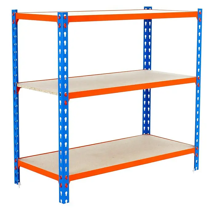 Simonrack Maderclick Metallregal Maderclick Mini - H x B x T: 90 x 80 x 40 cm, Traglast pro Boden: 150 kg, Anzahl Böden: 3 Stk., Stecken, Blau/Orange - Lagerregal mit drei Ebenen. Das Regal hat blaue Metallrahmen und orangefarbene Träger, die die Regalböden halten.