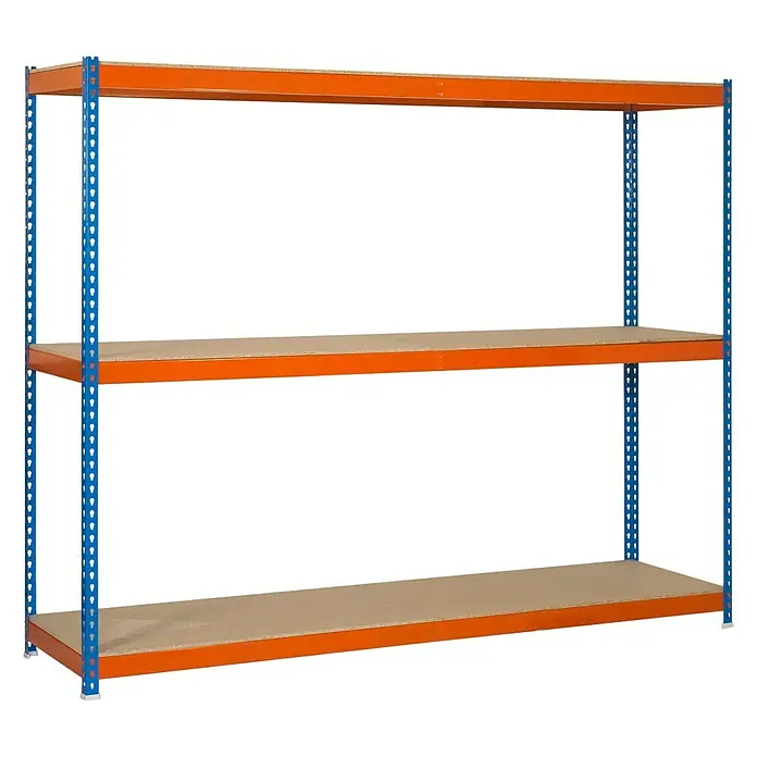 Simonrack Simonforte Schwerlastregal Simonforte Chipboard - H x B x T: 200 x 150 x 60 cm, Traglast pro Boden: 600 kg, Anzahl Böden: 3 Stk., Stecken, Blau/Orange - Das Bild zeigt ein blaues und oranges Lagerregal mit drei Ebenen. Es ist leer und steht vor einem weißen Hintergrund.
