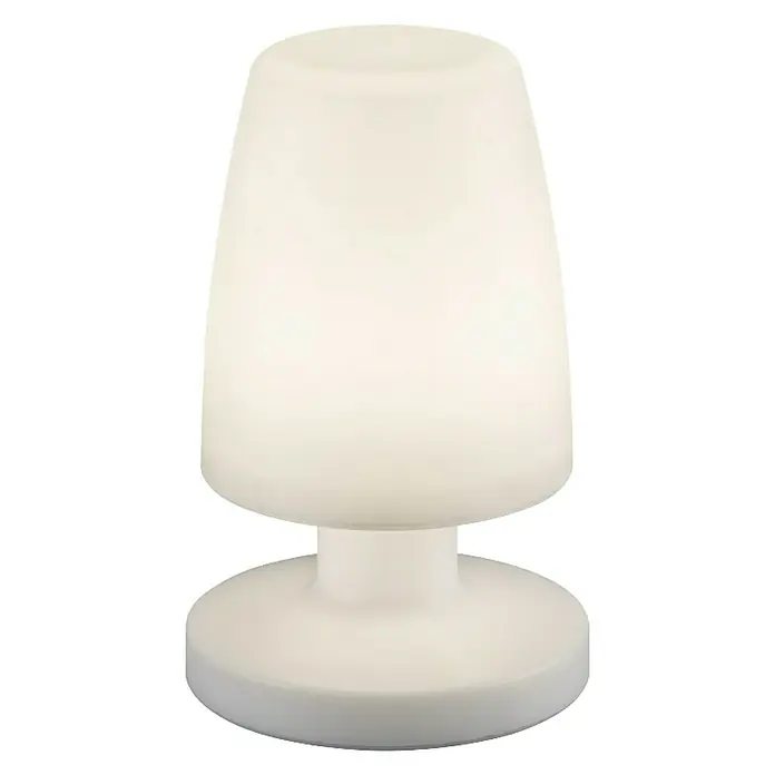 Reality Leuchten Akku-Tischleuchte Dora - 1,5 W, L x B x H: 13 x 13 x 21 cm, Weiß, Warmweiß - Nahaufnahme einer modernen, weißen Tischleuchte mit einem weichen, diffusen Licht, ideal für eine gemütliche Atmosphäre.