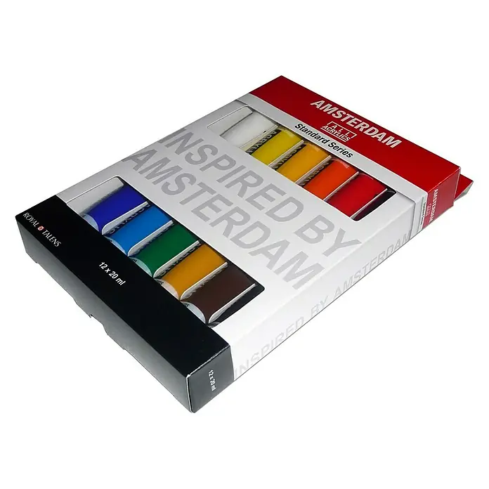 Talens Amsterdam Pintura acrílica Standard Series - Multicolor, 12 ud. x 20 ml, Tubo - Un paquete de pinturas acrílicas Amsterdam Standard Series con 12 tubos de 20 ml cada uno, perfecto para artistas y aficionados.