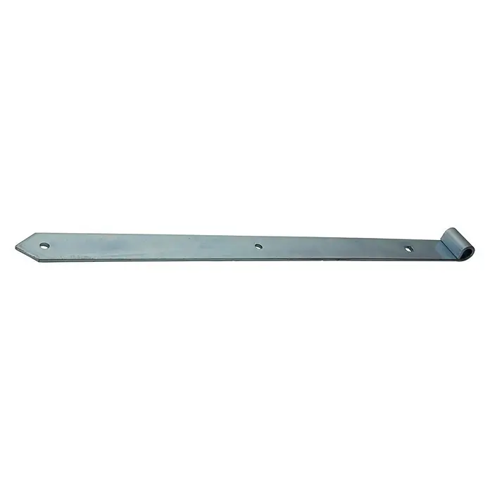 Stabilit Scharnier - L x B: 300 x 30 mm, Stärke: 3 mm, Verzinkt - Ein silbernes Türband mit einem abgerundeten Ende und einem spitzen Ende mit Löchern zur Befestigung.
