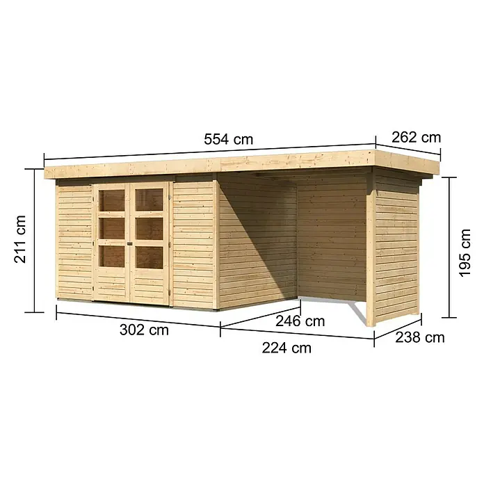 Karibu Gartenhaus Askola - Außenmaß inkl. Dachüberstand (B x T): 554 x 262 cm, Holz, Natur, Mit Anbau, Rück- und Seitenwand - Abmessungen eines Holzgartenhauses mit Anbau, mit Breiten-, Tiefen- und Höhenangaben in Zentimetern.