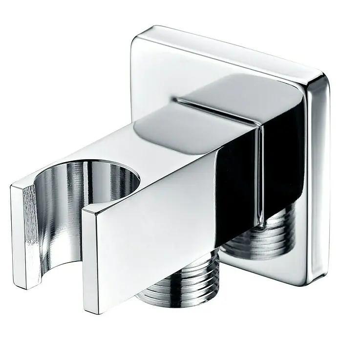 Soporte para ducha IMEX Soporte cuadrado para mango de ducha con salida de agua - Cromo - Primer plano de un soporte de ducha cromado con diseño cuadrado. Elegante accesorio para baños modernos con un acabado brillante.