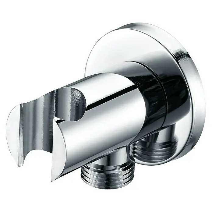 Soporte para ducha IMEX Soporte redondo para mango de ducha con salida de agua - Cromo - Primer plano de un soporte de ducha de mano cromado con conexión a la pared, ideal para baños modernos.