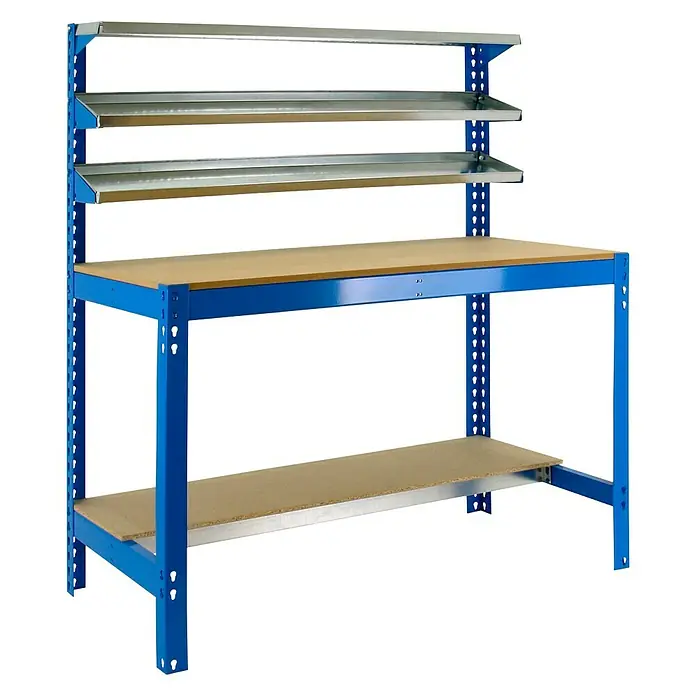 Simonrack Simonwork Werkbank BT1 1200 - Breite: 121 cm, Blau - Werkbank mit blauem Metallrahmen und Holzplatten mit integrierten Regalen.