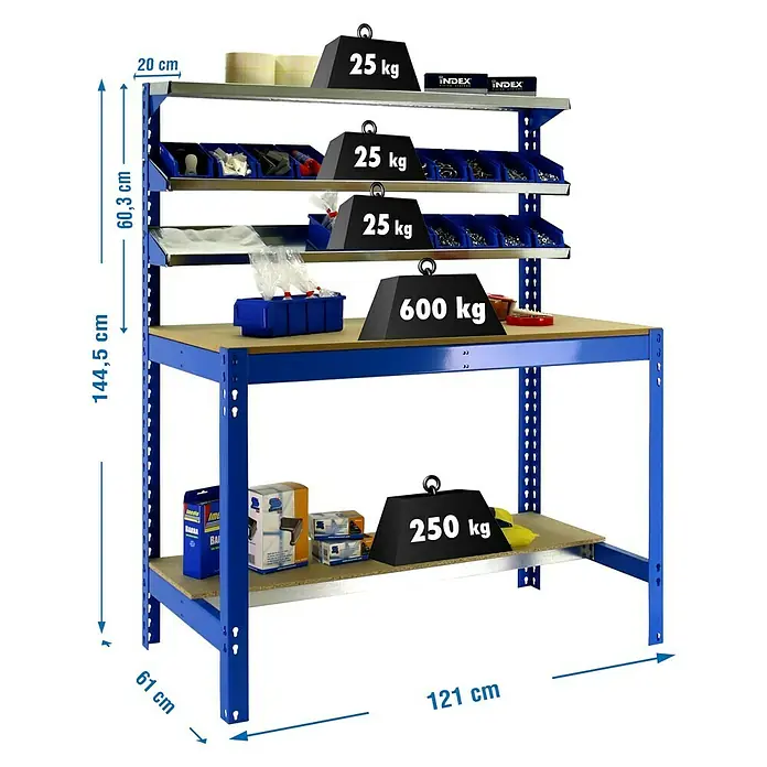Simonrack Simonwork Werkbank BT1 1200 - Breite: 121 cm, Blau - Detailaufnahme eines blauen Werkstatttisches mit mehreren Regalen, beladen mit Gewichten zur Demonstration der Tragfähigkeit.
