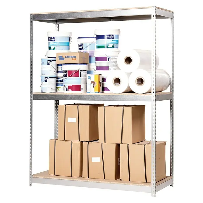 Simonrack Simonforte Schwerlastregal Simonforte Chipboard - H x B x T: 200 x 180 x 60 cm, Traglast pro Boden: 600 kg, Anzahl Böden: 3 Stk., Stecken, Silber - Ein Regal mit Farbeimern, Rollen und Kartons. Viel Stauraum für Werkstatt oder Lager, ideal für die Organisation.