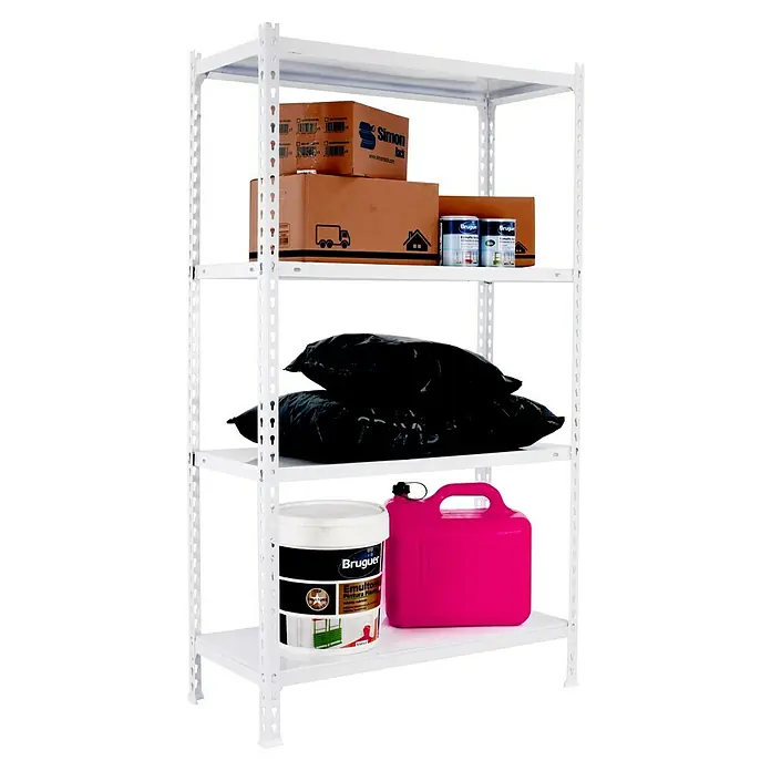 Simonrack Simonclick Metallregal Ecoclick Plus - H x B x T: 150 x 100 x 50 cm, Traglast pro Boden: 70 kg, Anzahl Böden: 4 Stk., Stecken, Weiß - Regal mit mehreren Ebenen, gefüllt mit Kartons, Farbeimern und Plastiksäcken, ideal für Lagerung.