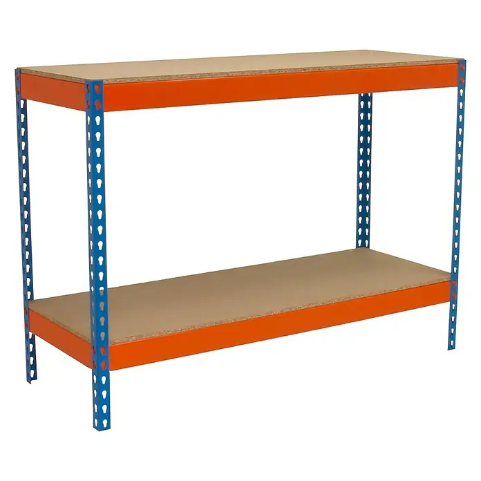Simonrack Simonwork Werkbank Basic 2 - L x B: 60 x 150 cm, Arbeitshöhe: 90 cm, Belastbarkeit: 1.200 kg, Orange/Blau - Regal mit zwei Ablagen und orangefarbenem Rahmen. Es bietet viel Stauraum und ist robust konstruiert.