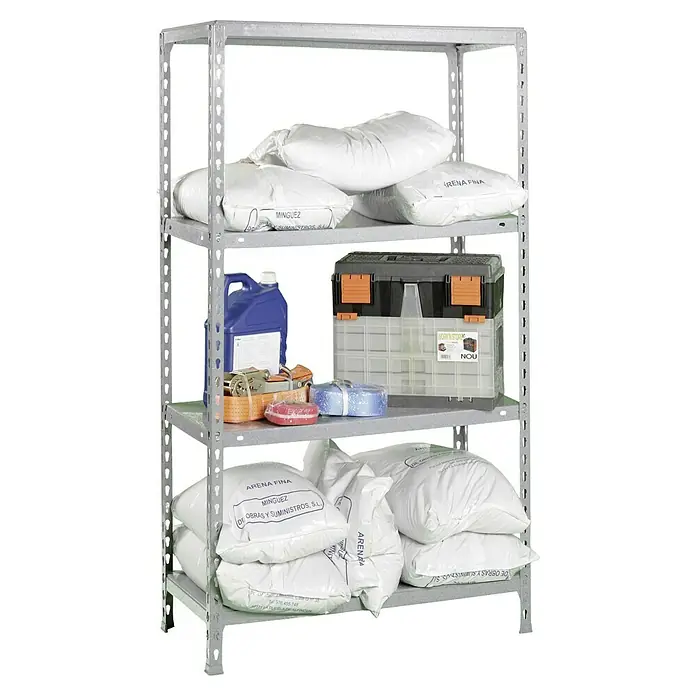 Simonrack Simonclick Metallregal Ecoclick Mini - H x B x T: 160 x 80 x 30 cm, Traglast pro Boden: 70 kg, Anzahl Böden: 4 Stk., Stecken, Silber - Aufnahme eines silbernen Metallregals mit mehreren Regalen, die mit verschiedenen Gegenständen wie Sandsäcken, einem Werkzeugkasten und Behältern gefüllt sind.