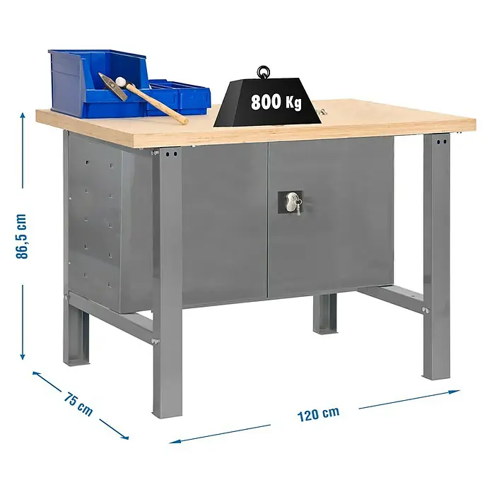 Simonrack Simonwork Banco de trabajo BT6 Cabinet - L x An: 76 x 120 cm, Altura de trabajo: 86,5 cm, Carga soportada: 600 kg, Gris - Imagen de una mesa de trabajo con cajones, una tabla de madera y la inscripción "800 Kg" en un peso.