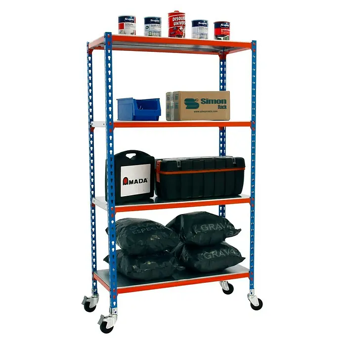 Simonrack Simonclick Estantería metálica Mobile Plus - Al x An x Pr: 150 x 100 x 40 cm, Número de baldas: 4 ud., Inserción, Azul/Naranja - Estantería de almacenamiento de cinco niveles cargada con latas de pintura, cajas de herramientas y bolsas, ideal para organizar talleres o garajes.