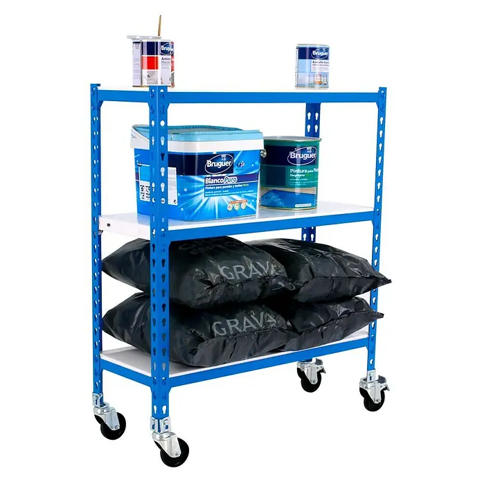 Simonrack Simonclick Estantería metálica Mobile Plus - Al x An x Pr: 90 x 100 x 50 cm, Número de baldas: 3 ud., Inserción, Azul - Carro con 3 estantes, cargado con botes de pintura y sacos de arena, ideal para taller o almacén para el almacenaje de materiales.