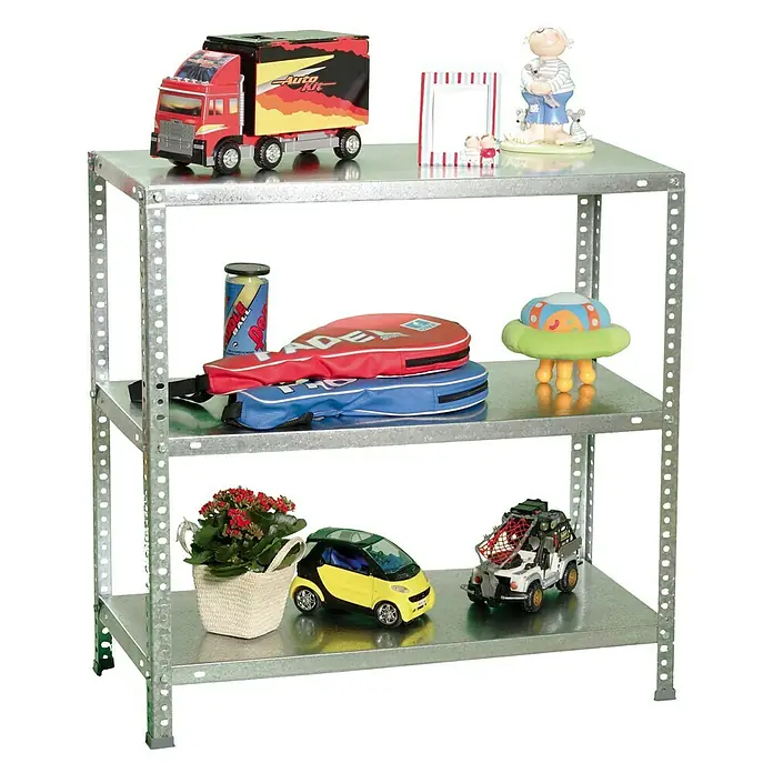 Simonrack Simonclassic Metallregal Advantage - H x B x T: 90 x 90 x 30 cm, Traglast pro Boden: 75 kg, Anzahl Böden: 3 Stk., Schrauben, Silber - Ein graues Metallregal mit drei Regalböden, auf denen verschiedene Gegenstände wie Spielzeug und Sportartikel platziert sind.
