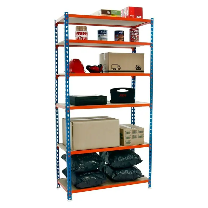 Simonrack Maderclick Metallregal Maderclick Mini - H x B x T: 250 x 80 x 50 cm, Traglast pro Boden: 150 kg, Anzahl Böden: 6 Stk., Stecken, Blau/Orange - Metallregal mit sechs Regalböden, beladen mit verschiedenen Gegenständen. Das Regal hat eine blaue Rahmenstruktur und orangefarbene Regalböden.