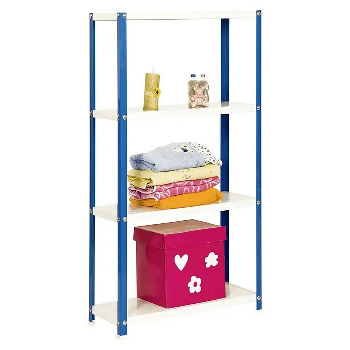 Simonrack Simonhome Metallregal Classic Mini - H x B x T: 160 x 80 x 30 cm, Traglast pro Boden: 100 kg, Anzahl Böden: 4 Stk., Schrauben, Blau/Weiß - Regal mit vier Ablagen, gefüllt mit Dekorationsartikeln, Textilien und einer Aufbewahrungsbox. Die Rahmen sind blau und die Regale sind weiß.