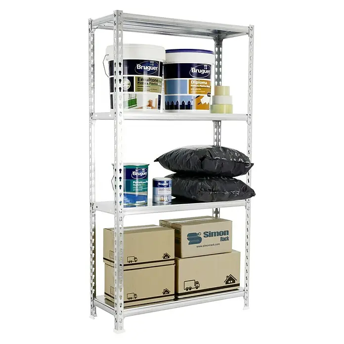 Simonrack Simonclick Metallregal Simonclick Plus - H x B x T: 150 x 100 x 40 cm, Traglast pro Boden: 180 kg, Anzahl Böden: 4 Stk., Stecken, Silber/Silber - Ein stabiles Metallregal mit vier Ebenen, beladen mit Farbdosen, Kisten und anderen Gegenständen, ideal für Lagerung und Ordnung.