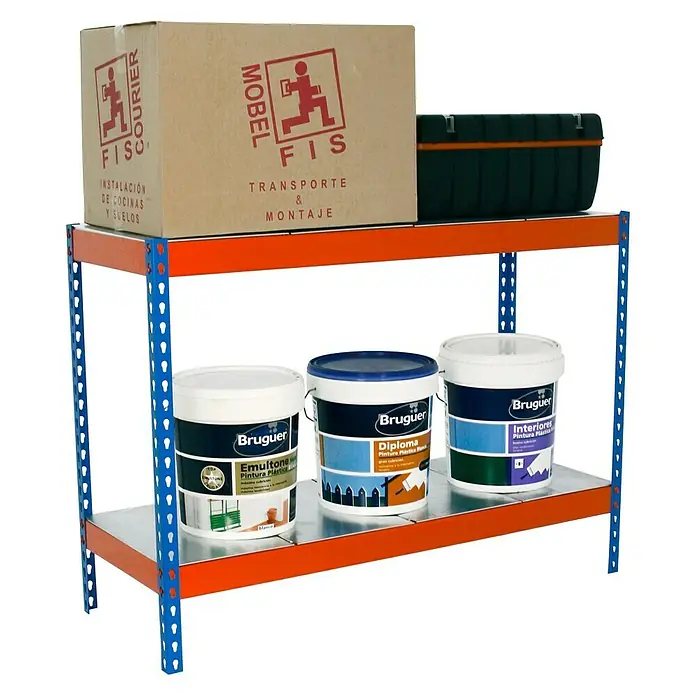 Simonrack Simonforte Schwerlastregal Simonforte Metall - H x B x T: 90 x 150 x 60 cm, Traglast pro Boden: 600 kg, Anzahl Böden: 2 Stk., Stecken, Blau/Orange/Silber - Regal mit Farbdosen von Bruguer, darunter Emultone, Diploma und Interiores, sowie Kartons und einer Werkzeugkiste auf der obersten Ablage.