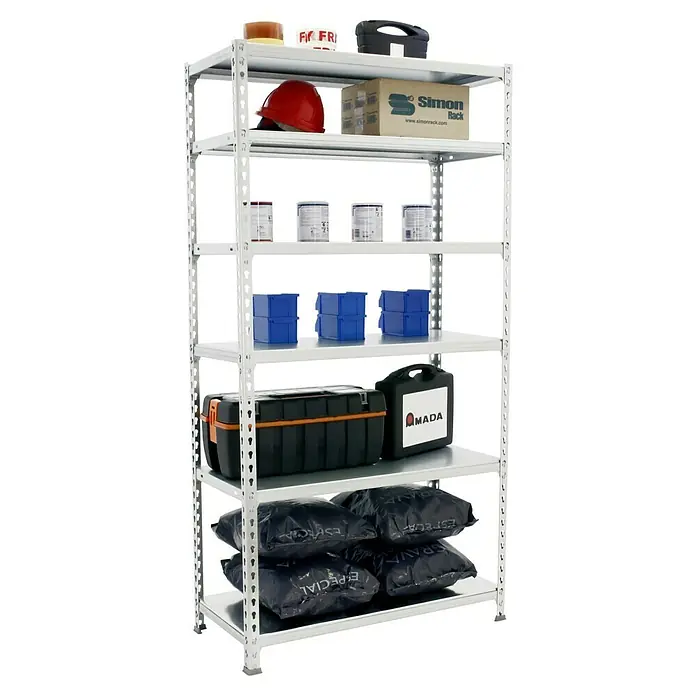 Simonrack Simonclick Metallregal Simonclick Mini - H x B x T: 250 x 80 x 40 cm, Traglast pro Boden: 180 kg, Anzahl Böden: 6 Stk., Stecken, Silber/Silber - Ein stabiles Regal mit sechs Böden, gefüllt mit verschiedenen Artikeln, die ordentlich und organisiert präsentiert werden.