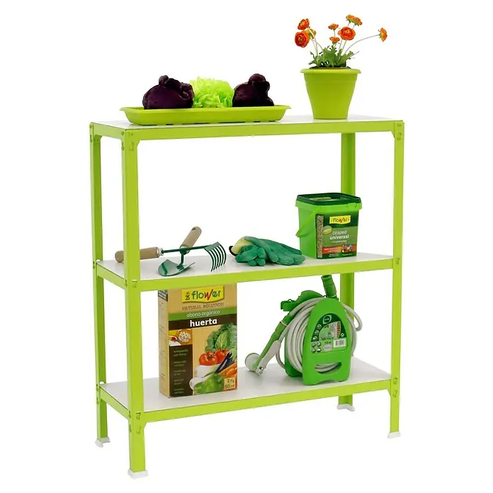 Simonrack Simonhome Metallregal Click Wood Mini - H x B x T: 90 x 80 x 30 cm, Traglast pro Boden: 150 kg, Anzahl Böden: 3 Stk., Stecken, Grün/Weiß - Ein dreistufiges Regal mit Gartenzubehör wie Blumenerde, Werkzeugen und einem Schlauch. Ideal für die Organisation Ihres Gartens!